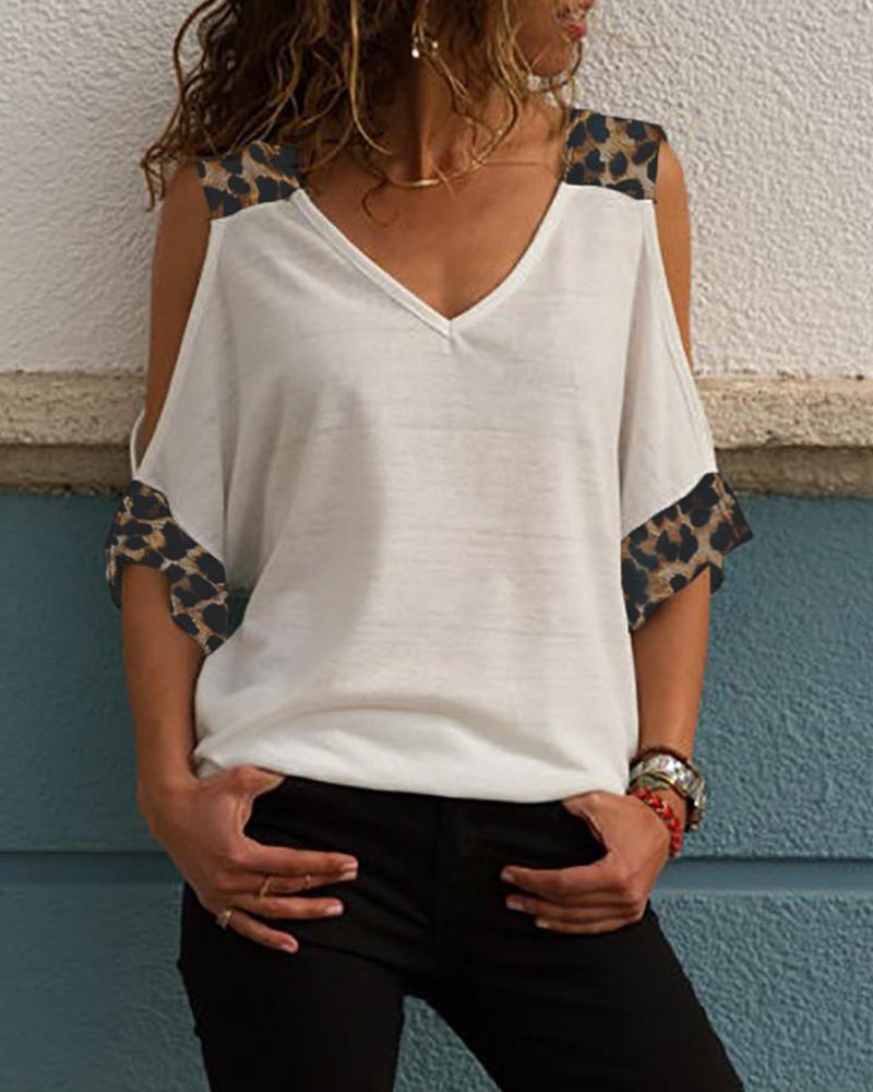 

Leopard Print Insert Cold Shoulder T-Shirt, White