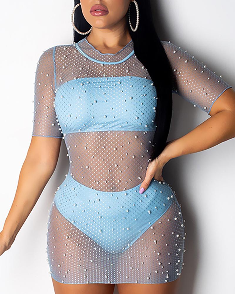 

Beaded See Through Mesh Dress With Lining, Blue