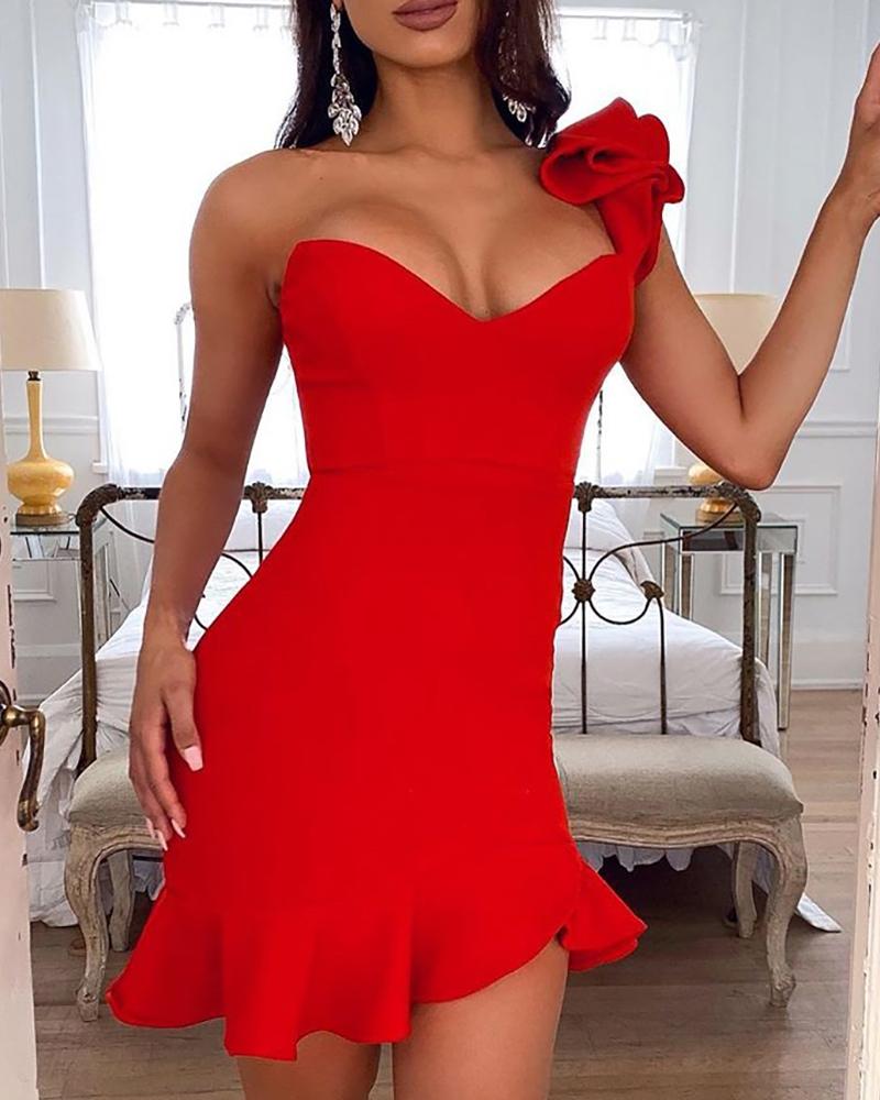 

Solid One Shoulder Tied Ruffled Party Dress, Red