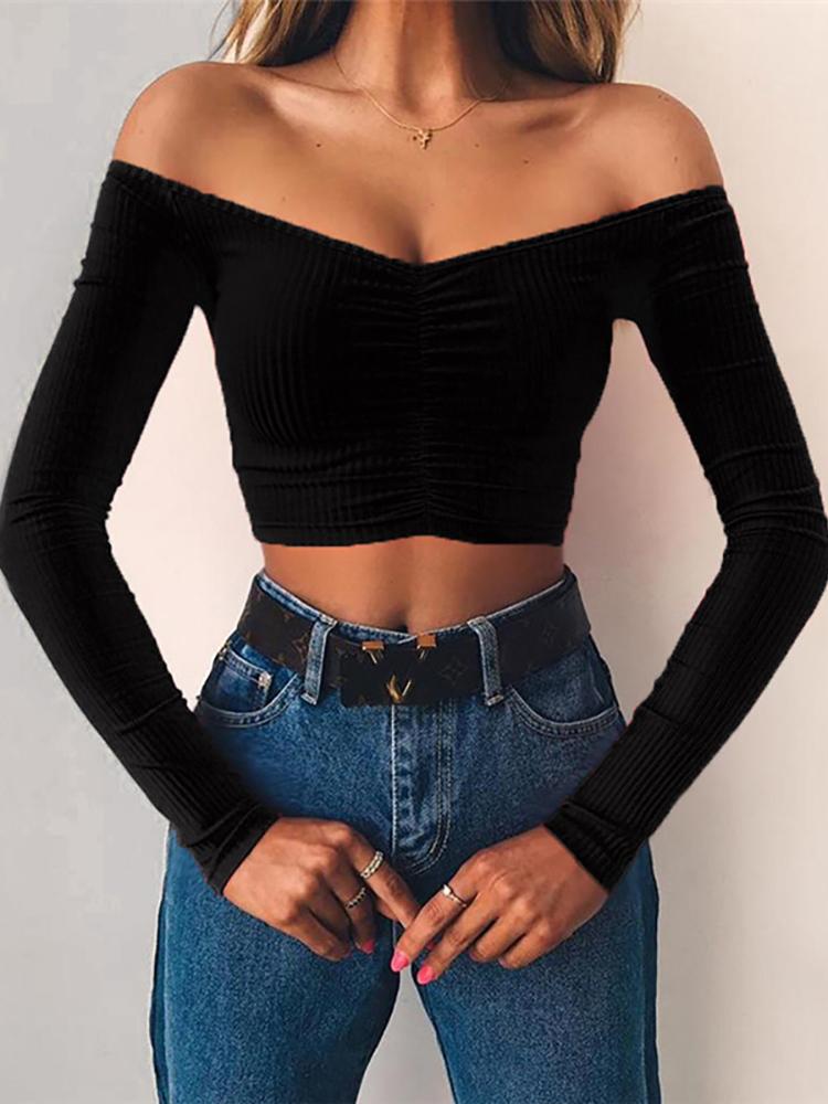 

Off Shoulder Long Sleeve Crop Top, Black