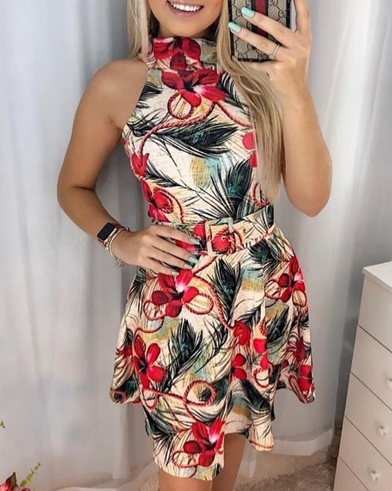 

Floral Print Mock Neck Pleated Dress, Red