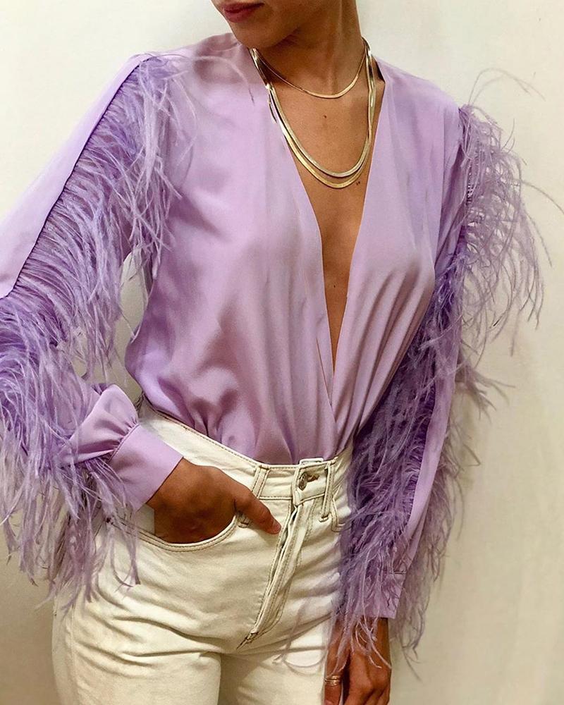 

Solid Plunge Feather Insert Long Sleeve Blouse, Light purple