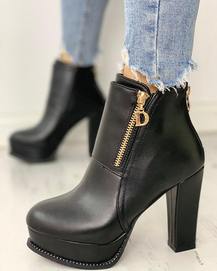 

Pointed Toe Zipper Design Chunky Heeled Boots, Black