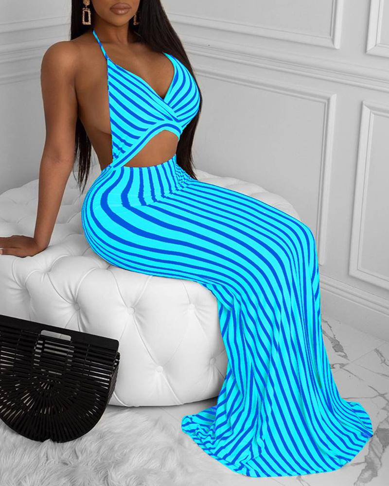 

Halter Striped Backless Cut Out Maxi Dress, Blue