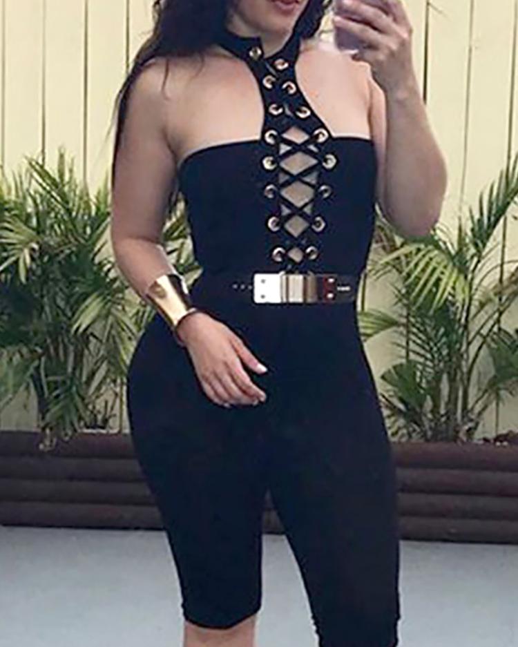 

Fashion Halter Eyelet Lace-up Jumpsuit, Orange;black