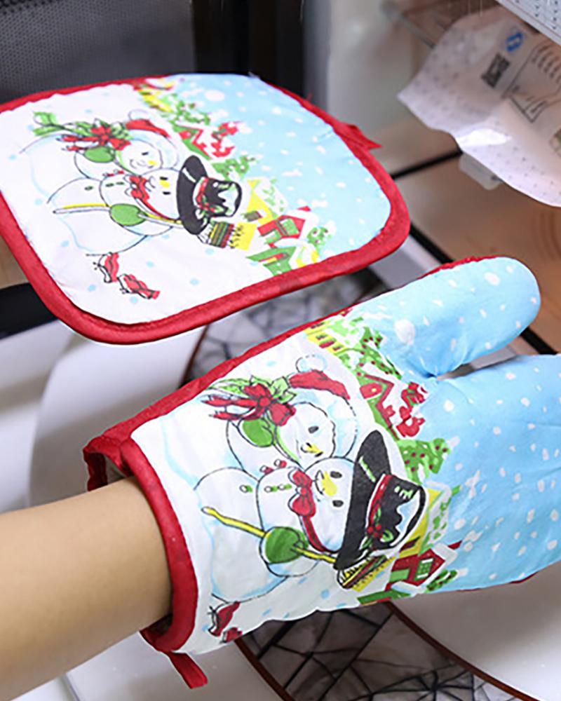 

2PCS Chrismtas Print Microwave Oven Glove & Insulation Pad Set, Style4