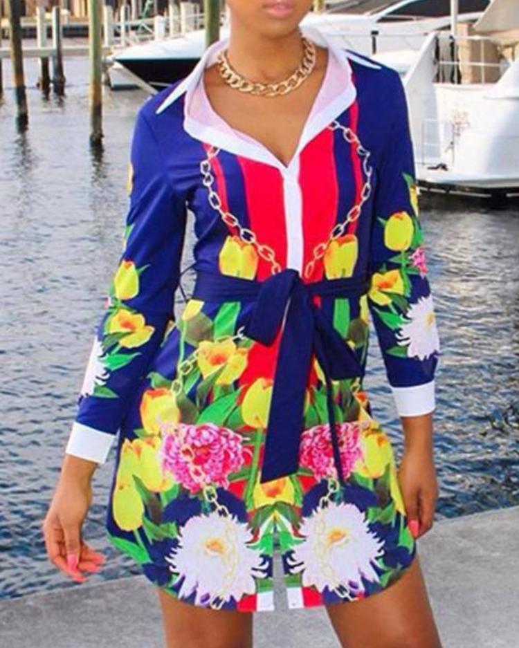 

Long Sleeve Tie Waist Floral Shirt Dress, Blue