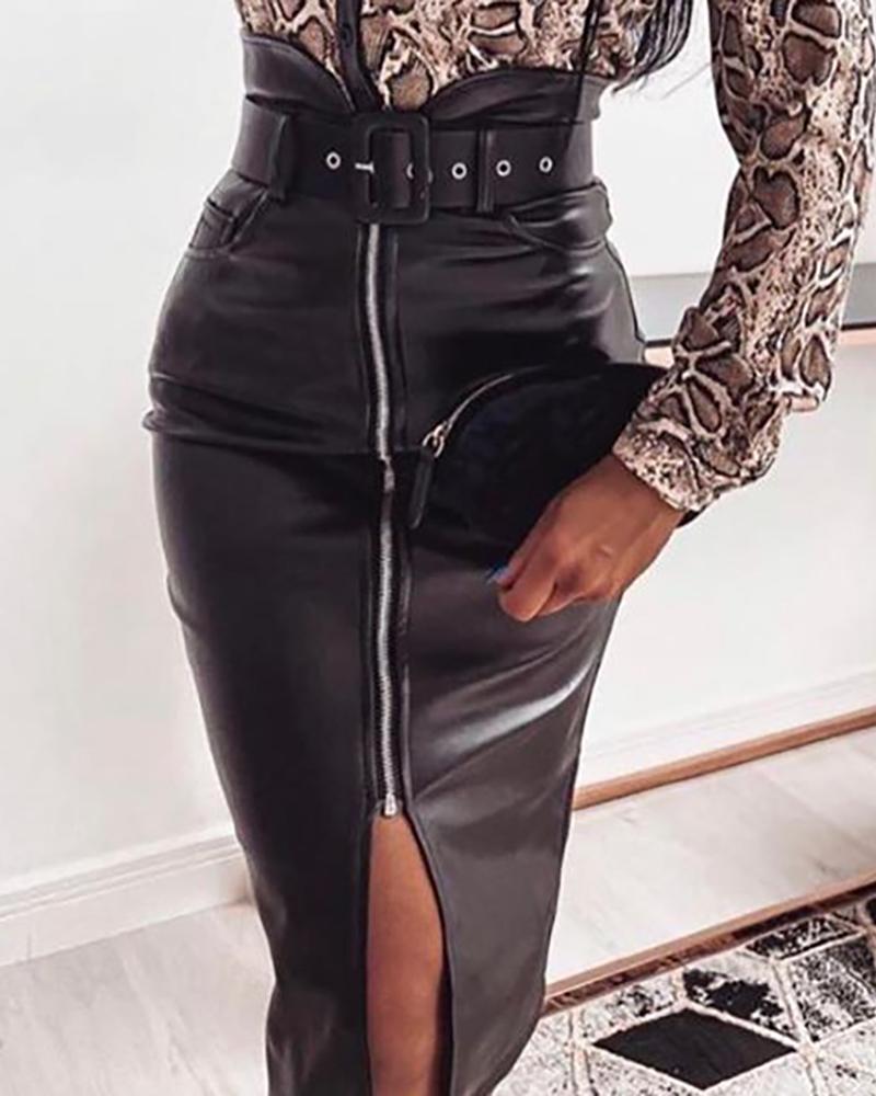 

Zipper Design PU Leather Skirt, Black