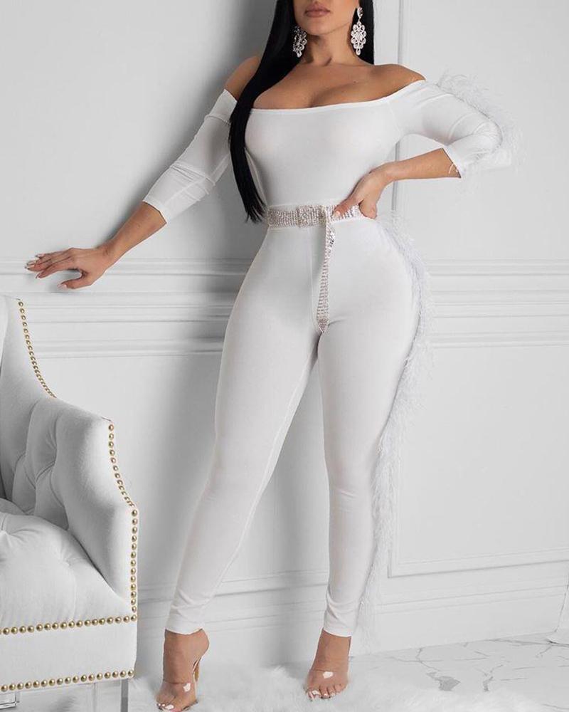 

Off Shoulder Fluffy Jumpsuit, White