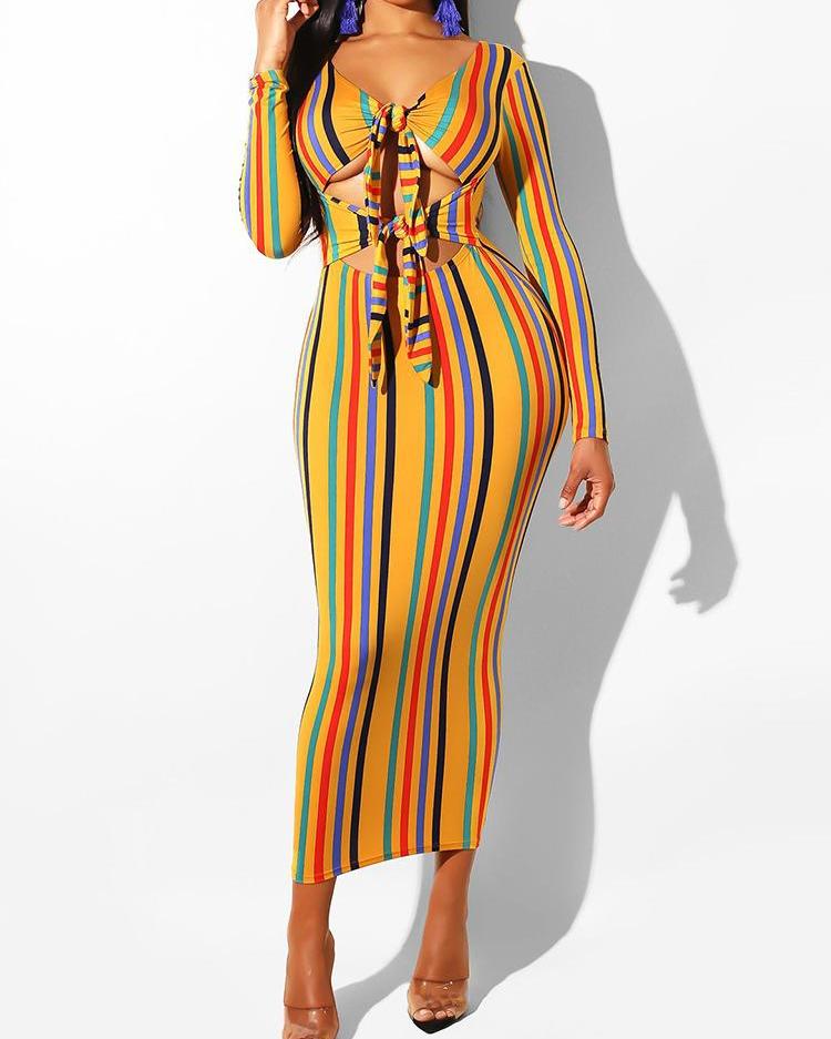 

Vertical Striped Cutout Knotted Front Dress, Yellow