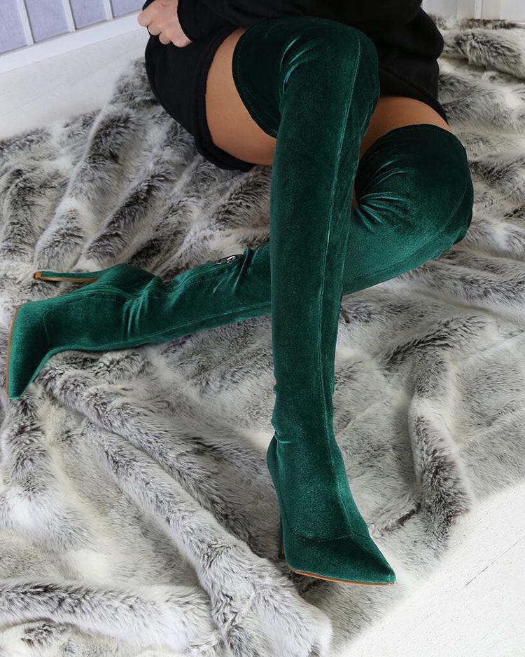 

Knee-High Pointed Toe Side Zipper Boots, Green