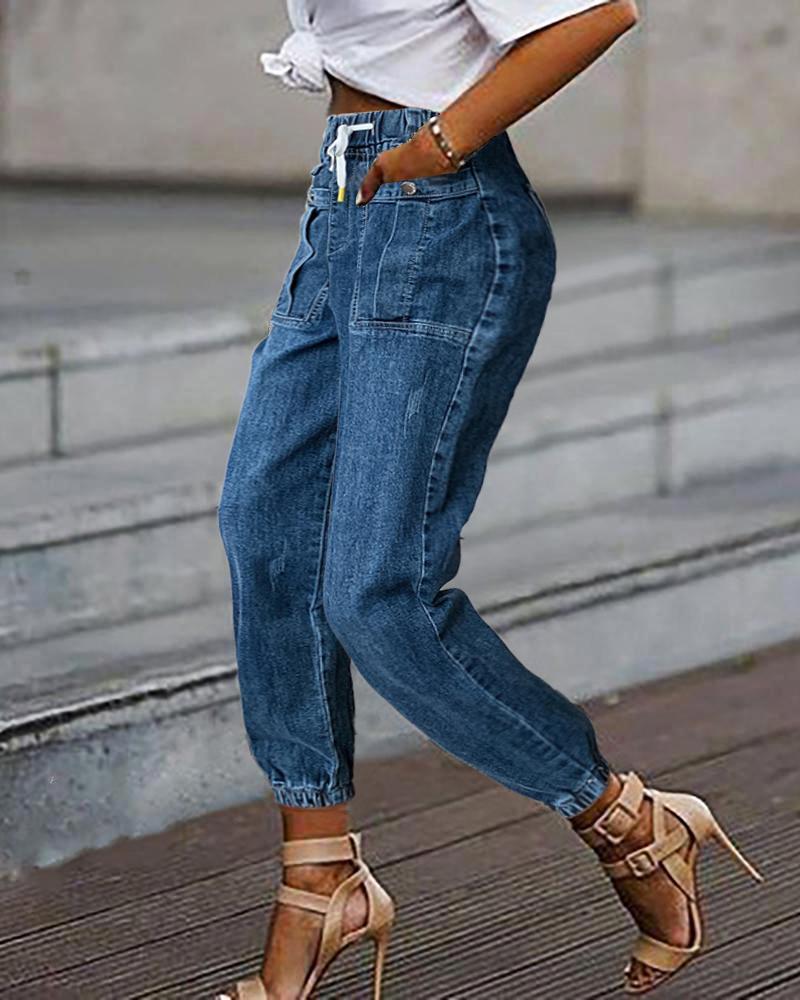 

Drawstring Pocket Design Casual Jeans, Blue