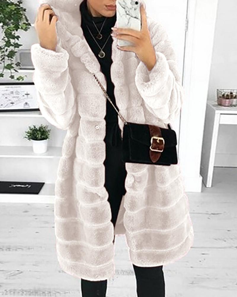 

Pocket Design Long Sleeve Hooded Teddy Coat, White