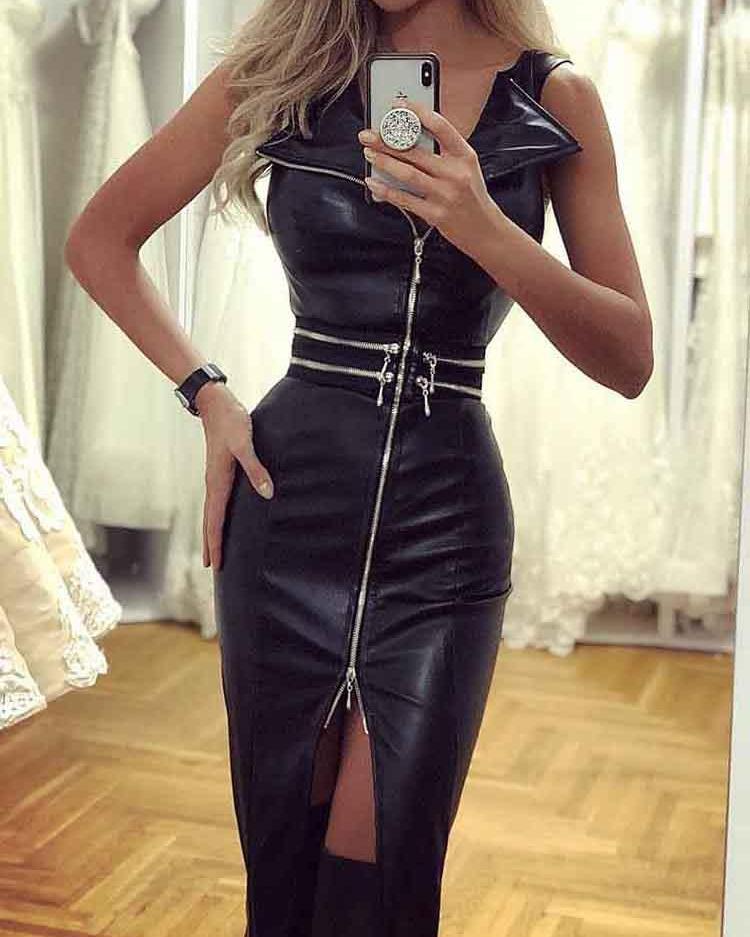 

Zipper Design Slit PU Bodycon Dress, Black