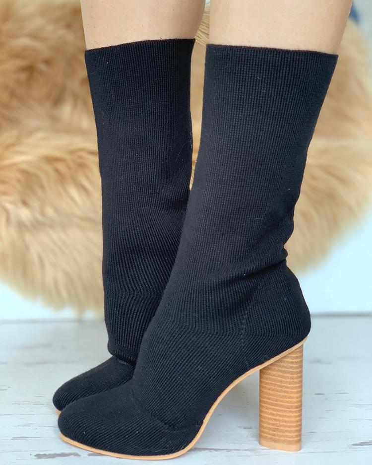 

Solid Knitted Sock Chunky Heel Boots, Black&khaki