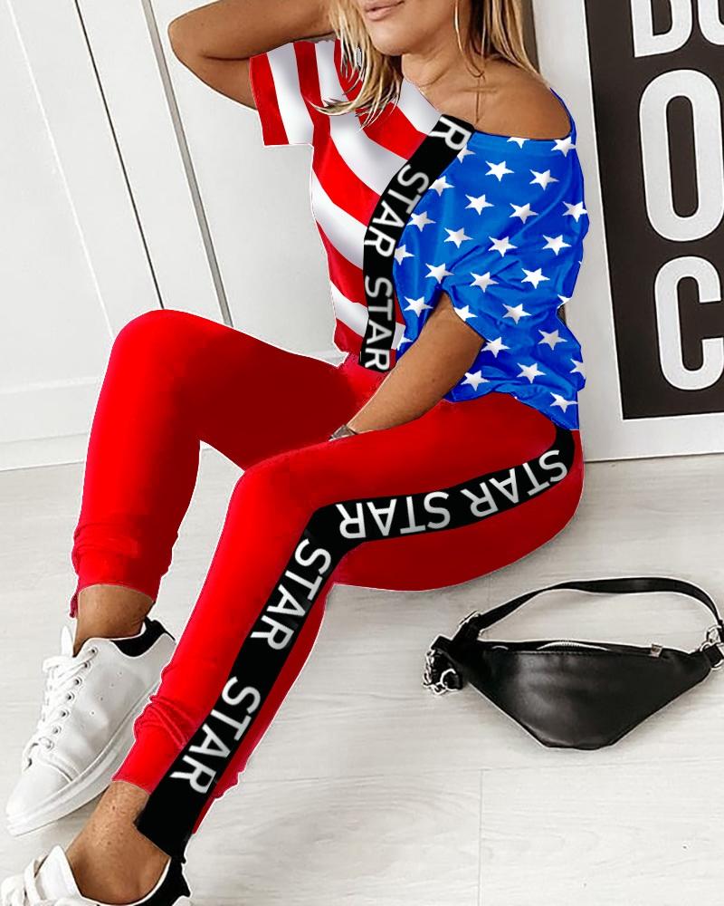 

Striped Letter Star Print Colorblock Cold Shoulder Top & Pant Set, Red