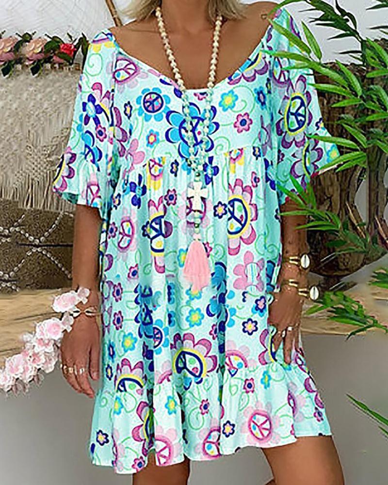 

Floral Print Ruched Ruffles Casual Dress, Green