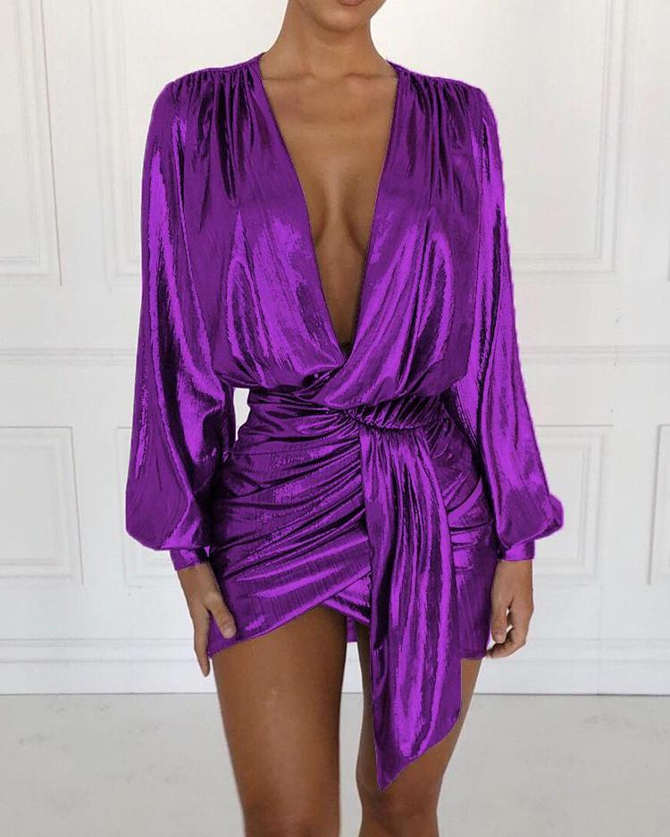 

Metallic Plunging Scrunched Irregular Party Dress, Purple