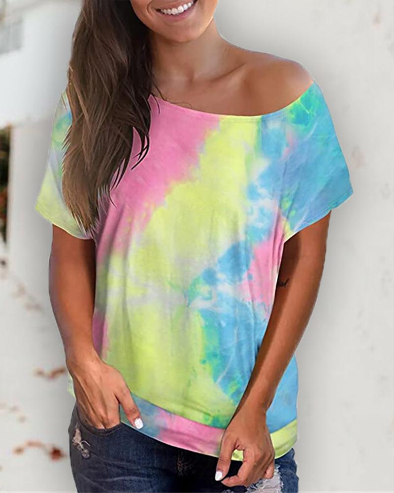 

Tie Dye Print Cold Shoulder Casual T-shirt, Yellow