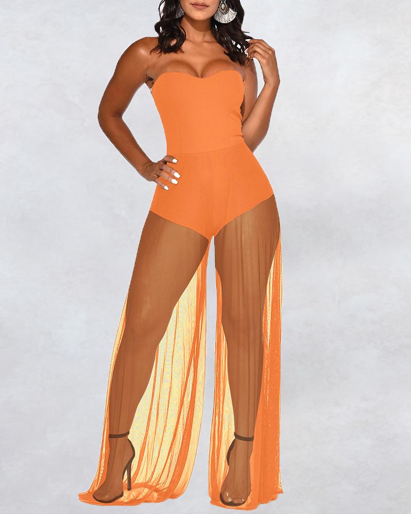 

Sheer Mesh Patchwork Jumpsuit, Orange