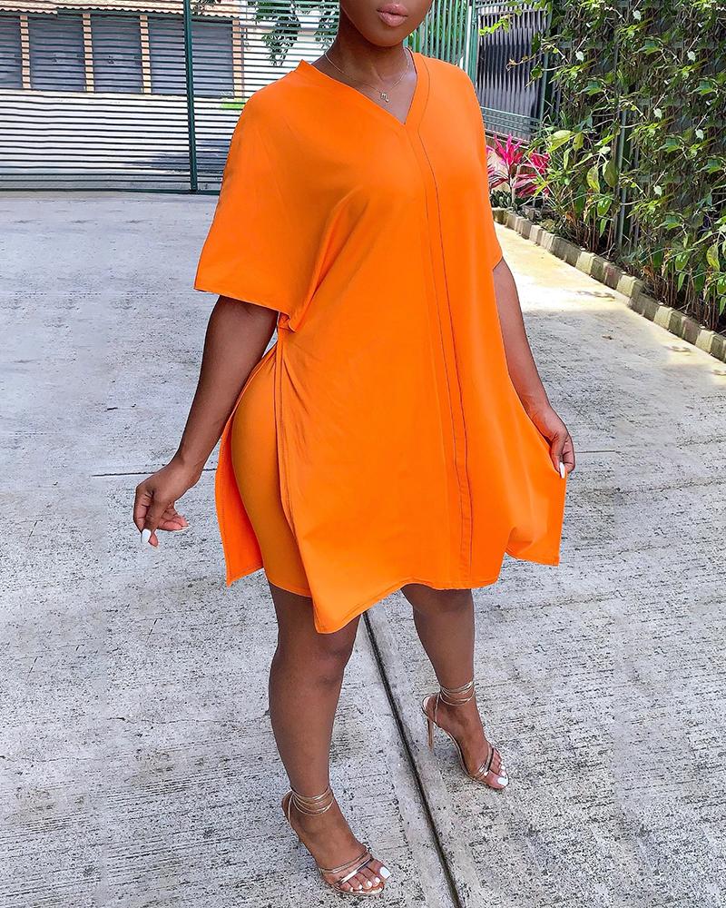 

Solid V-neck Slit Top & Short Set, Orange