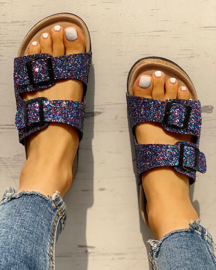 

Colorful Sequin Double Buckle Flat Sandals, Blue