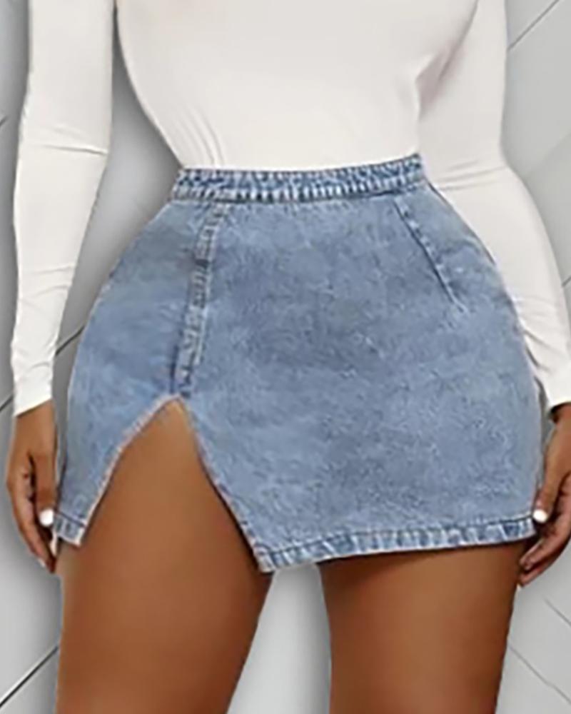 

Button Design Slit Denim Skirt, Blue