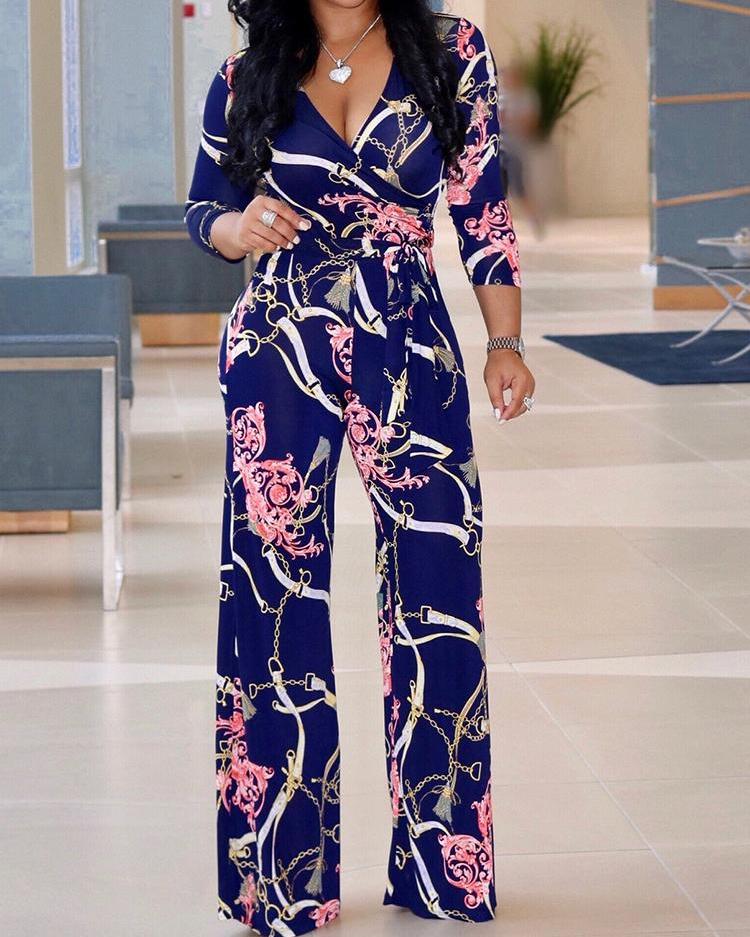 

Retro Chain Print Tie Waist Wrap Jumpsuit, Dark blue