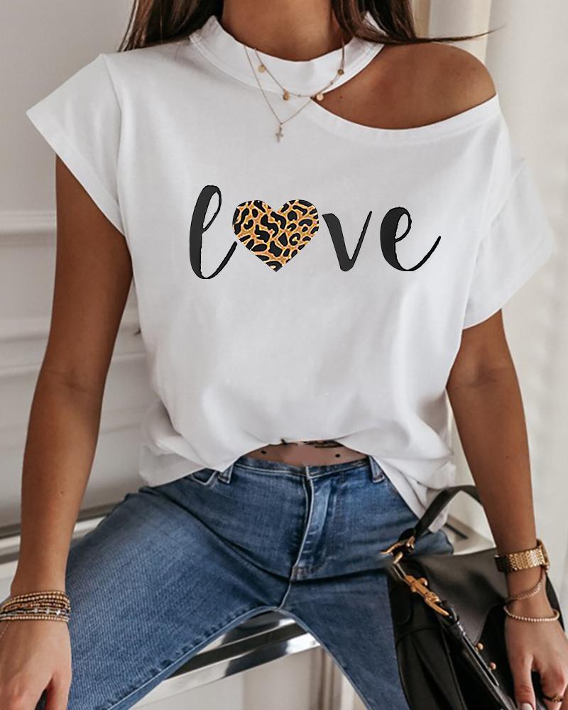 

Letter Cheetah Print One Shoulder T-shirt, White