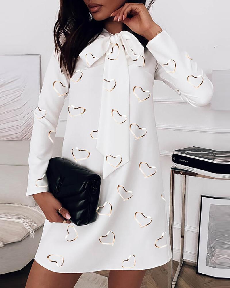 

Heart Print Tie Neck Casual Dress, White