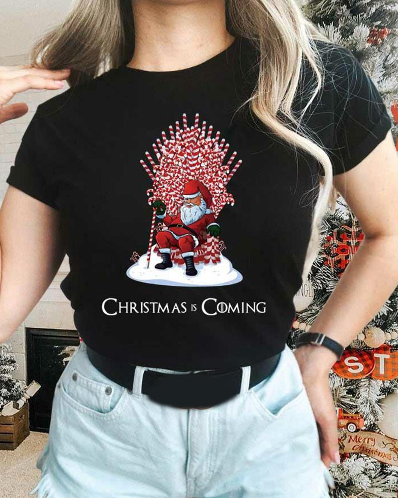

Christmas Graphic Letter Print Short Sleeve T-shirt, Black