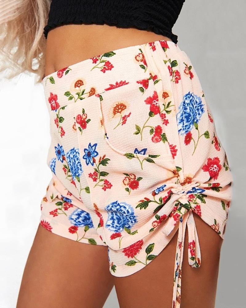 

Blooming Floral Print Drawstring Detail Short, Beige