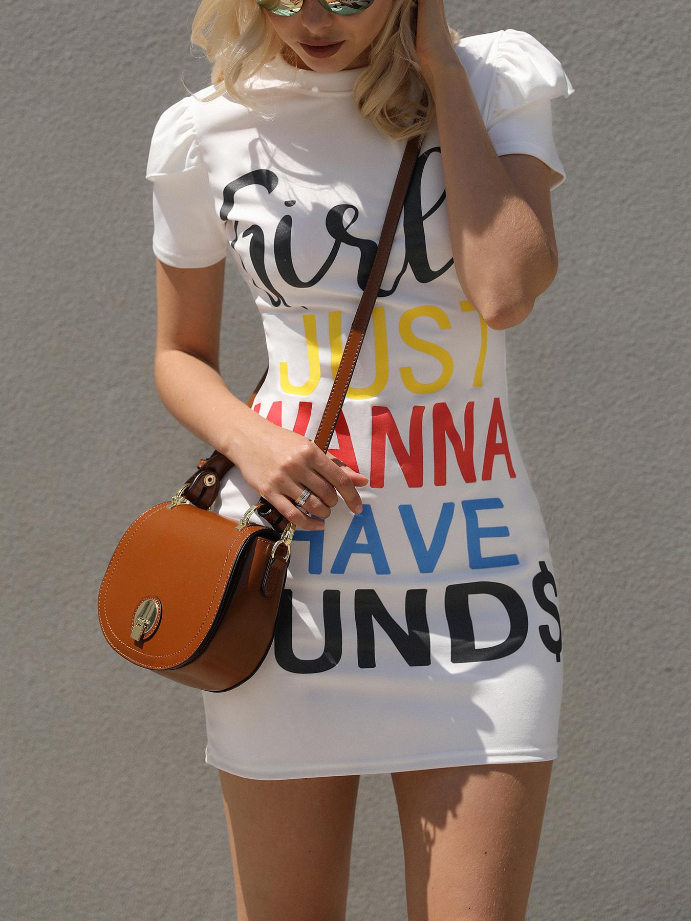 

Splicing Ruffles Letter Print T-shirt Dress, White;blue;black;yellow