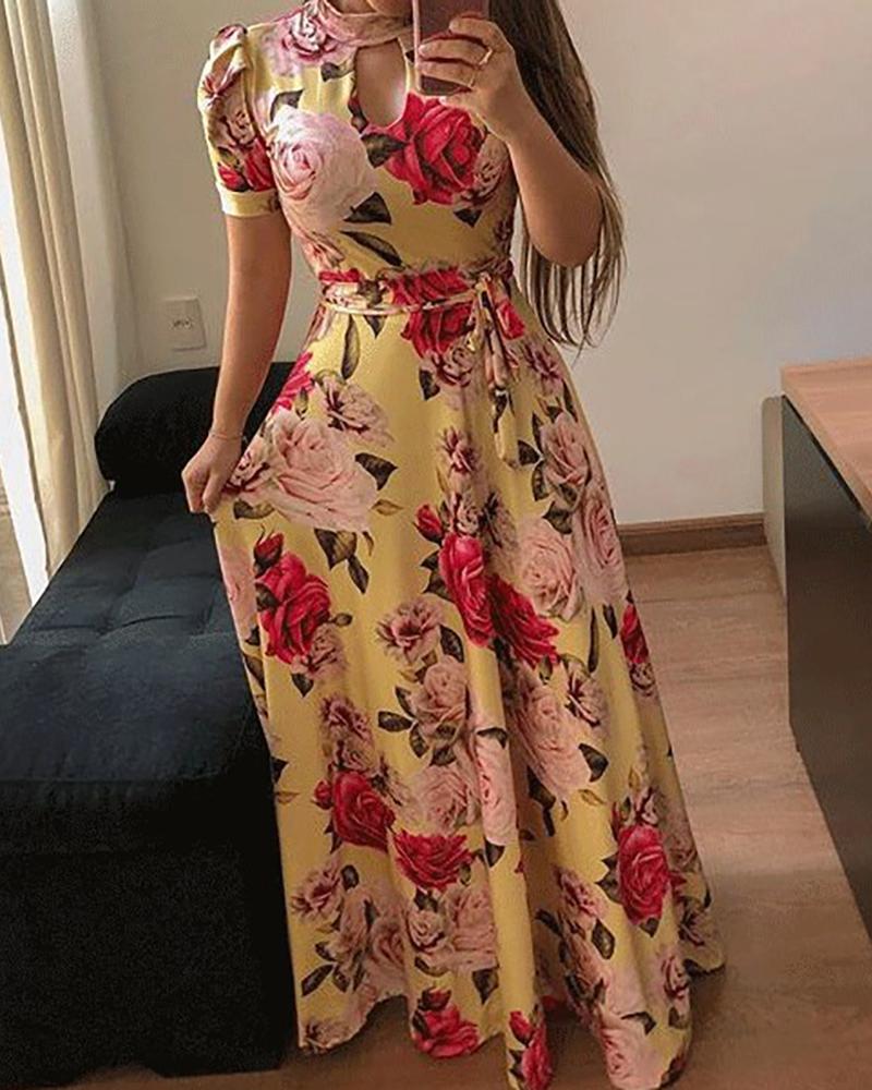 

Floral Print Short Sleeve Maxi Dress, Yellow