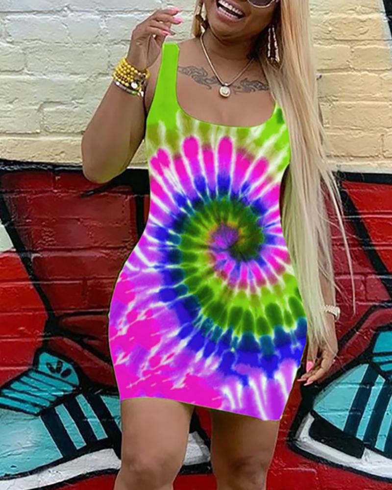 

Tie Dye Print Thin Strap Bodycon Dress, Green