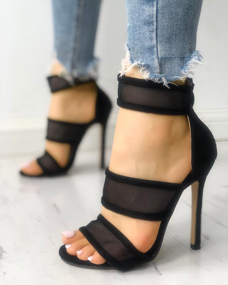 

Mesh Splicing Thin Heeled Sandals, Black