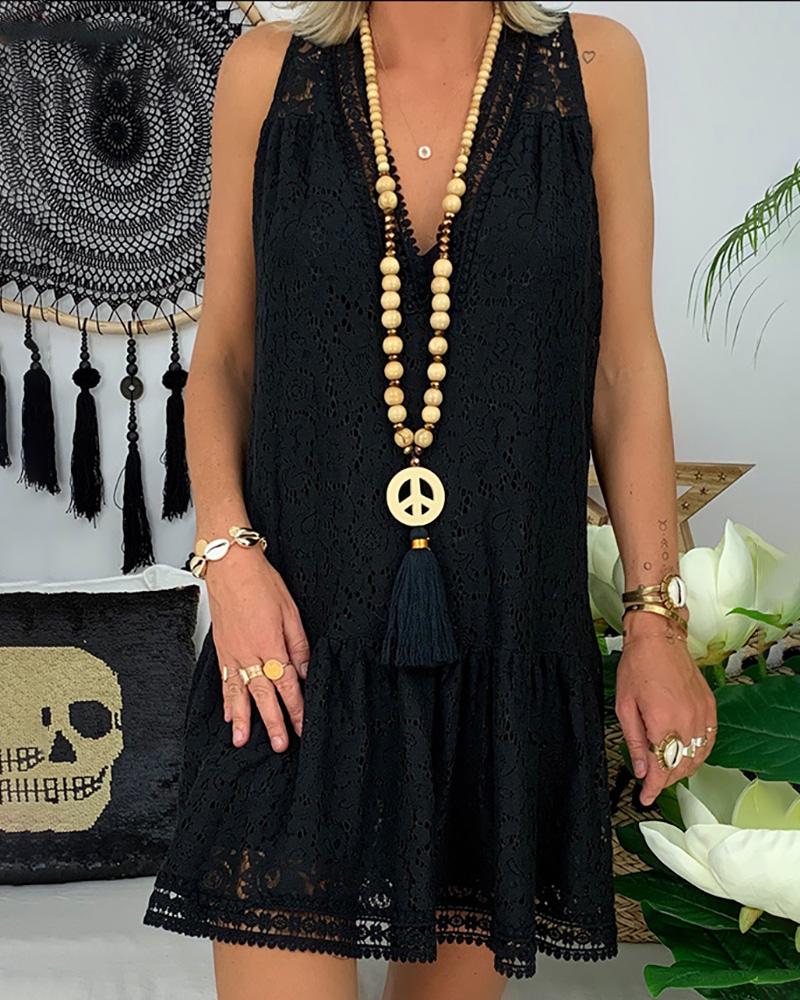 

V Neck Sleeveless Loose Lace Short Dress, Black