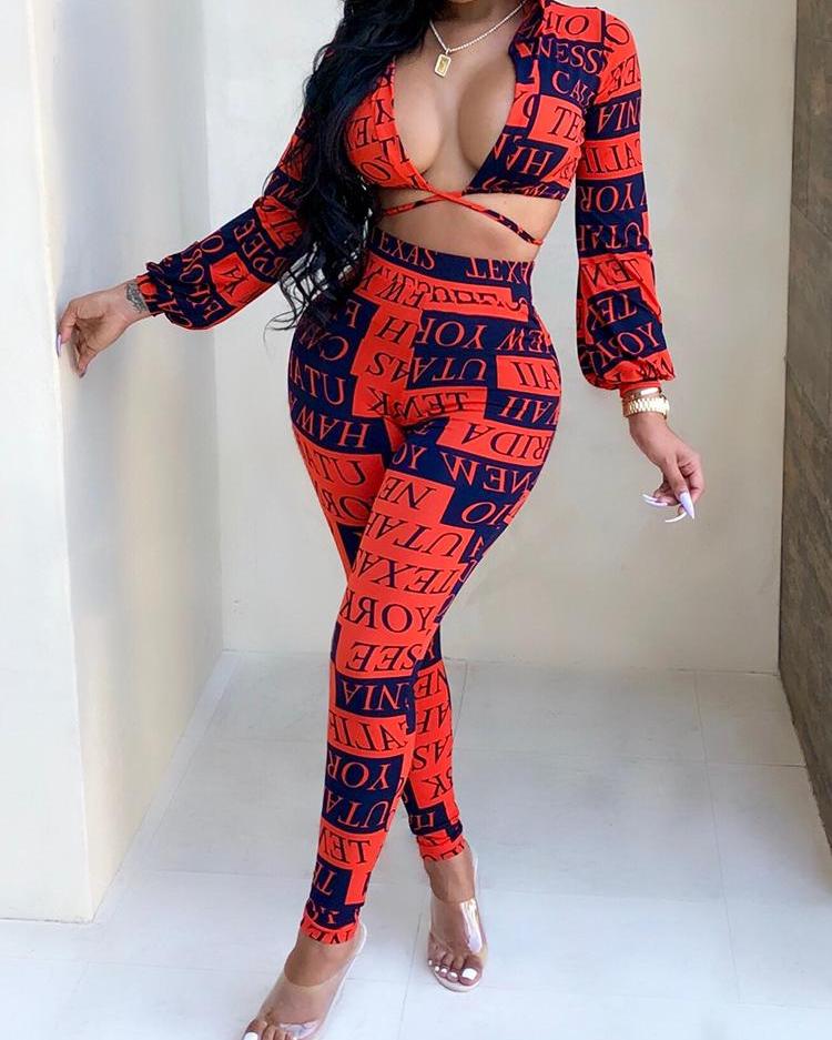 

Letter Print Hooded Top & Pants Set, Red