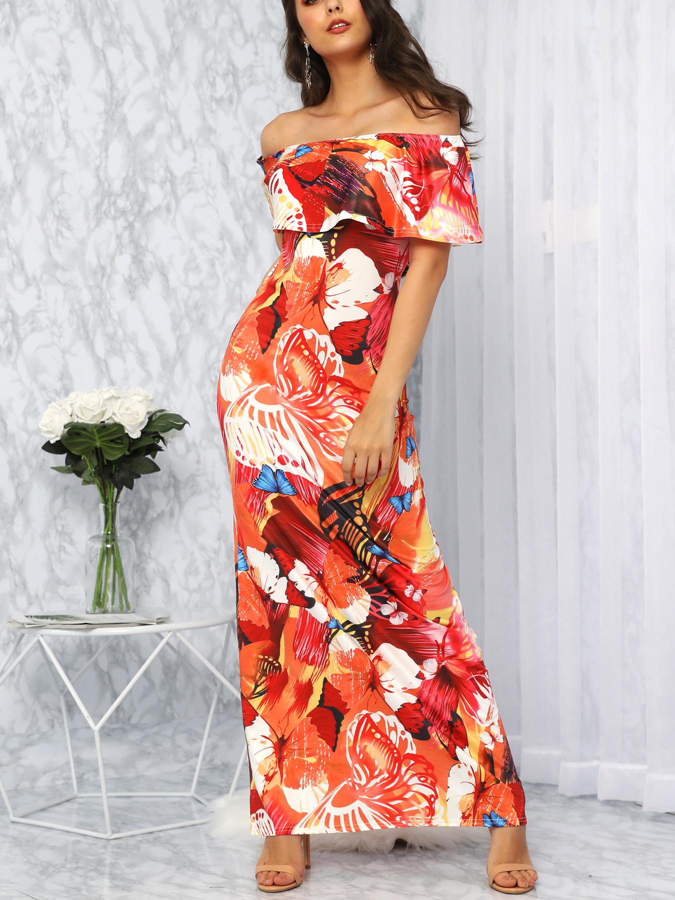 

Floral Print Off Shoulder Fold-Over Maxi Dress, Orange