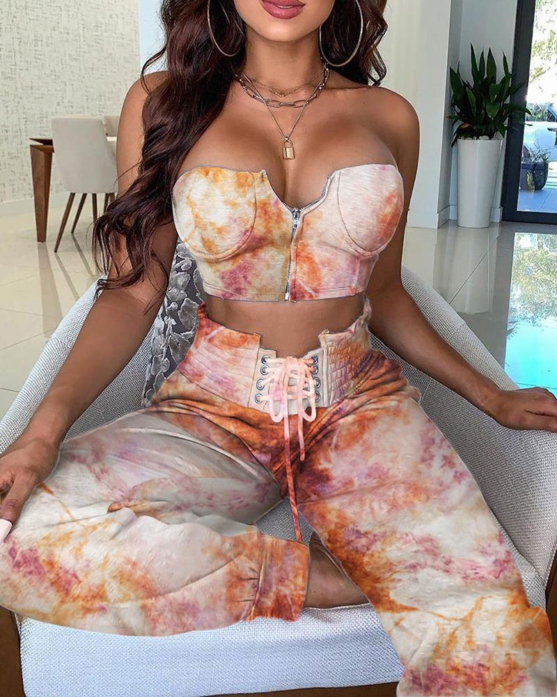 

Tie Dye Print Zipper Bandeau Top & Eyelet Lace-up Pants Set, Multicolor
