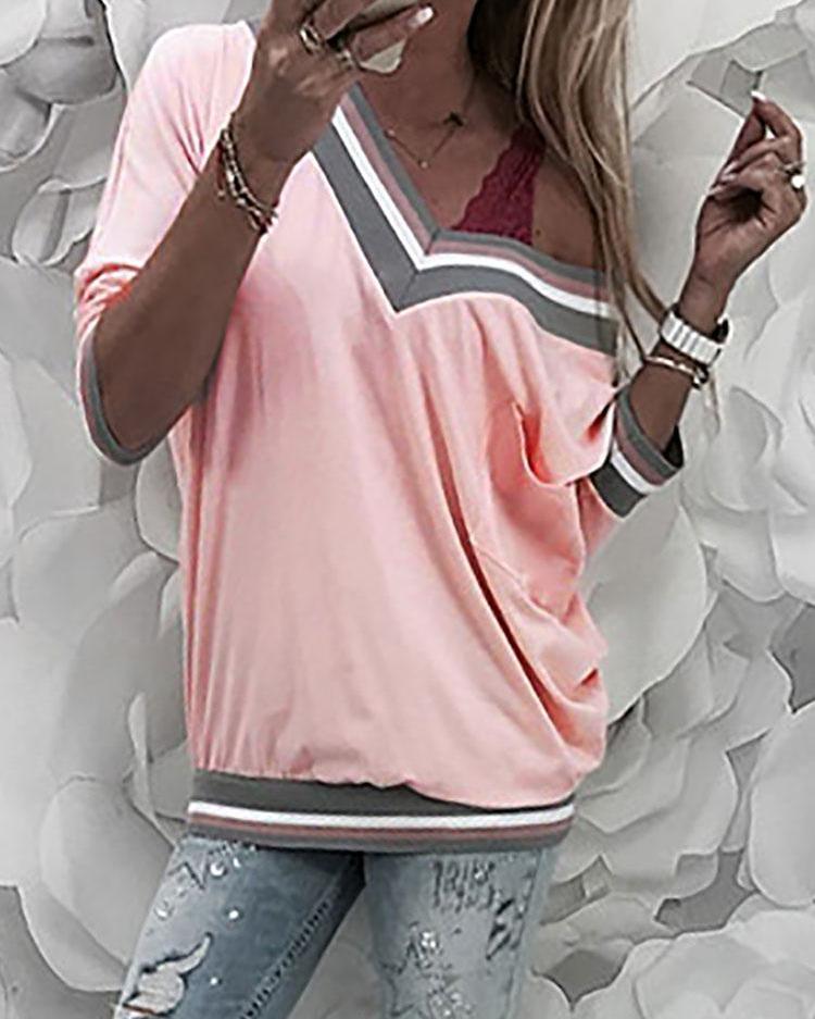 

V-Neck Colorblock Striped Tape Splicing Sweatshirt