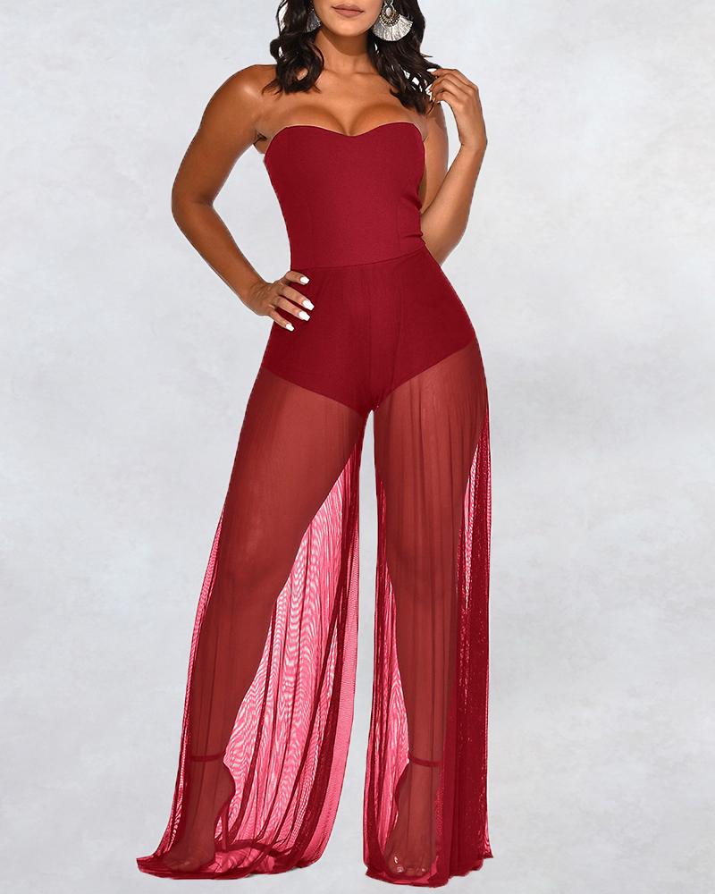 

Sheer Mesh Patchwork Jumpsuit, Wine red