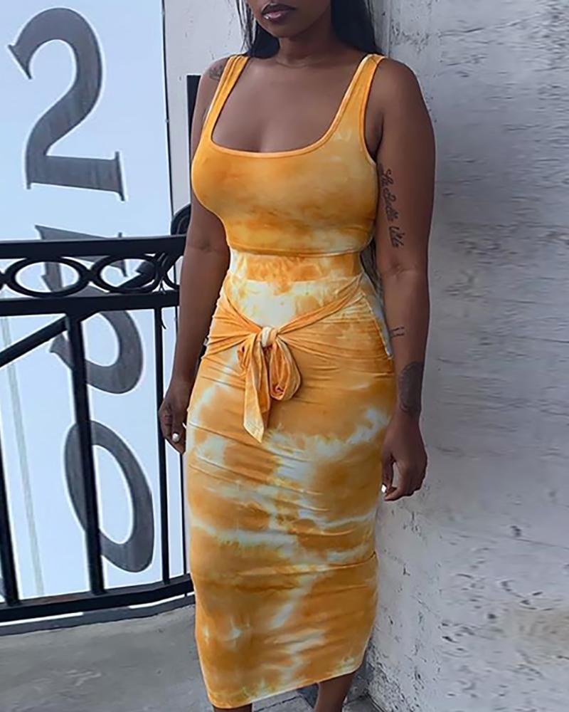 

Tie Dye Print Knotted Bodycon Dress, Yellow