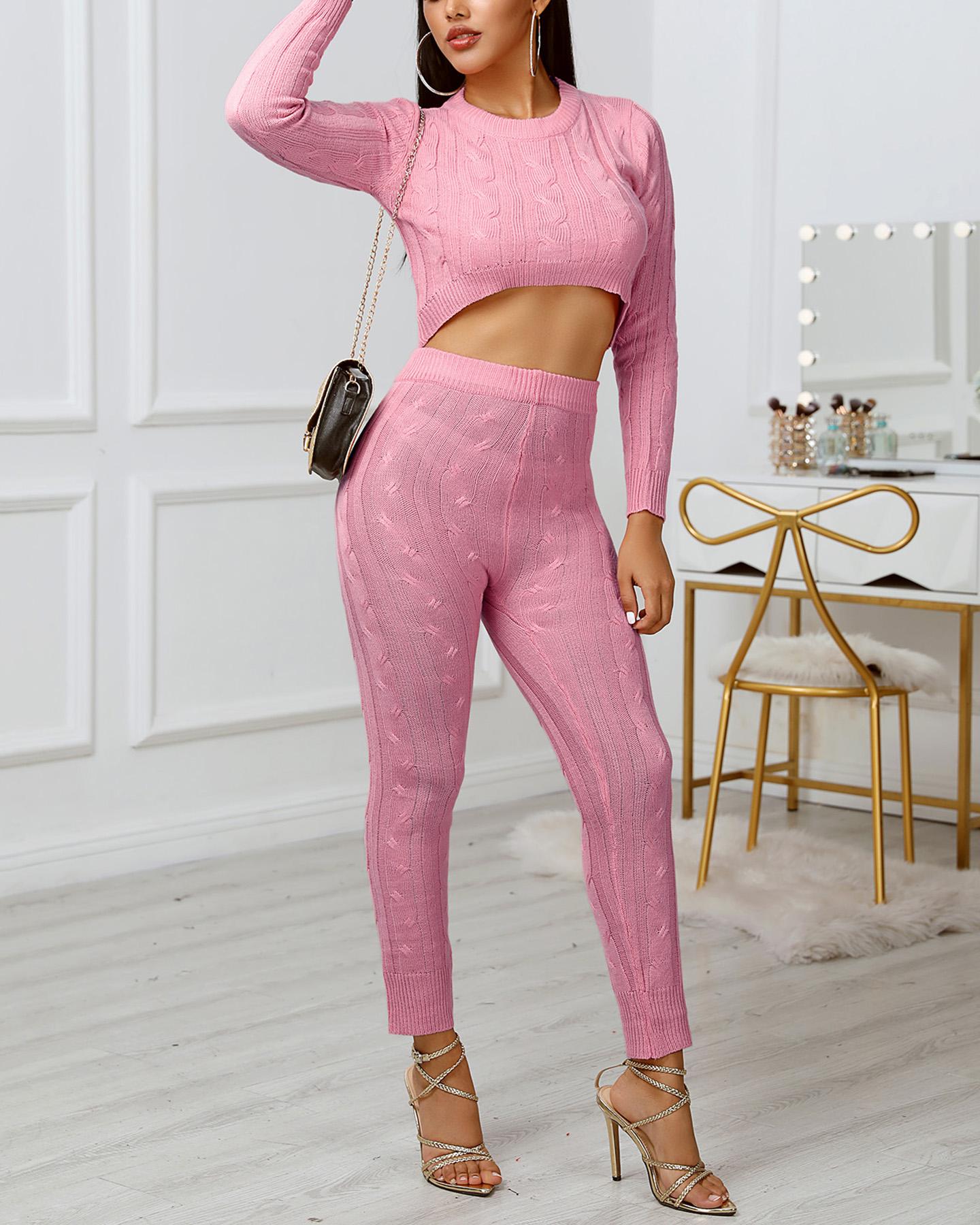 

Solid Crop Sweater & Pant Sets, Pink