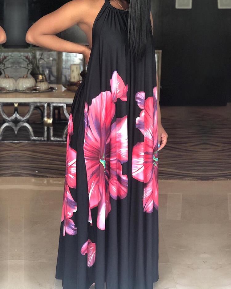 

Floral Halter Backless Pleated Maxi Dress, Black