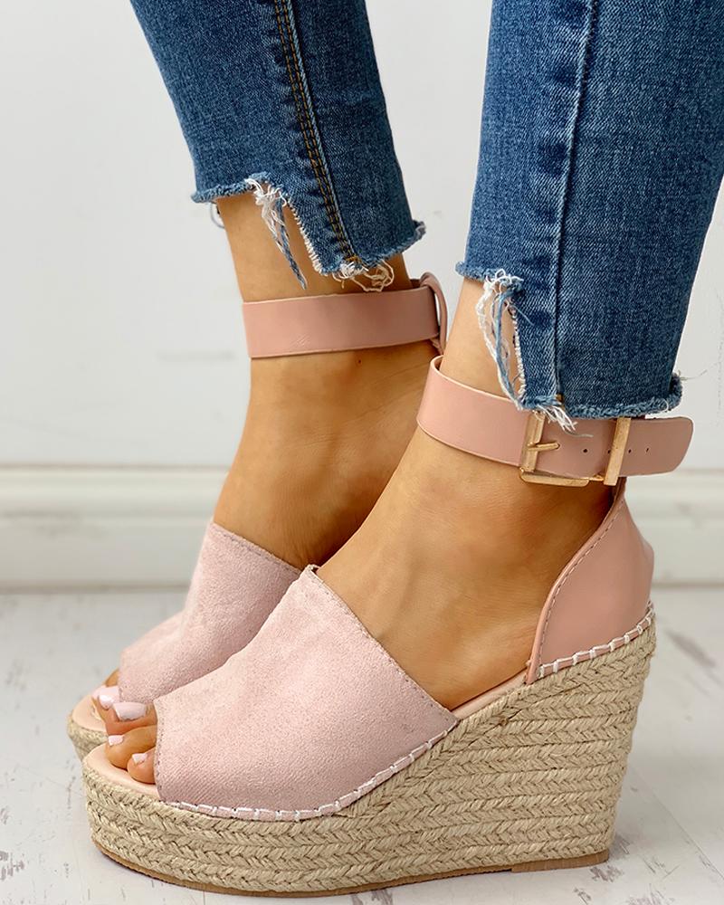 

Ankle Buckled Espadrille Wedge Sandals, Pink