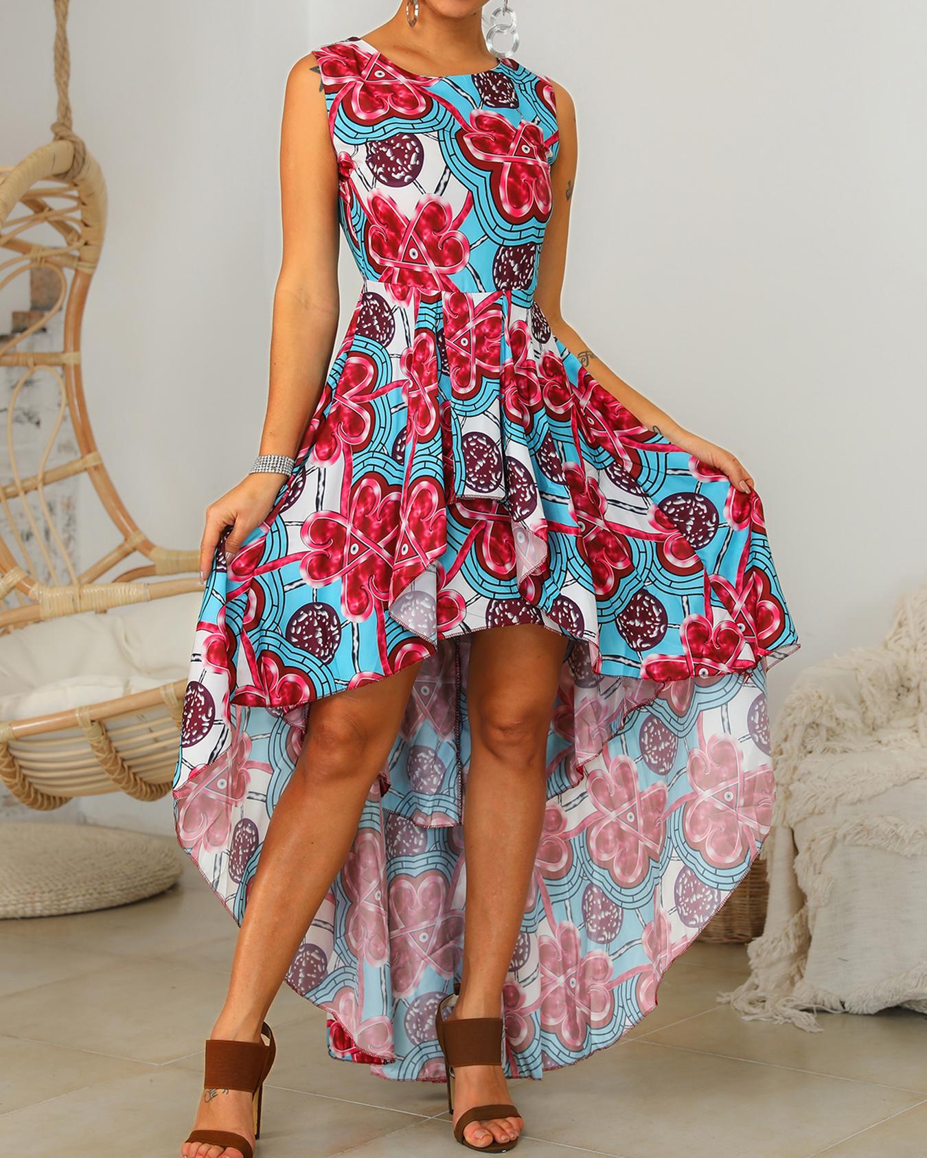 

Floral Print Pleated Dip Hem Dress, Multicolor