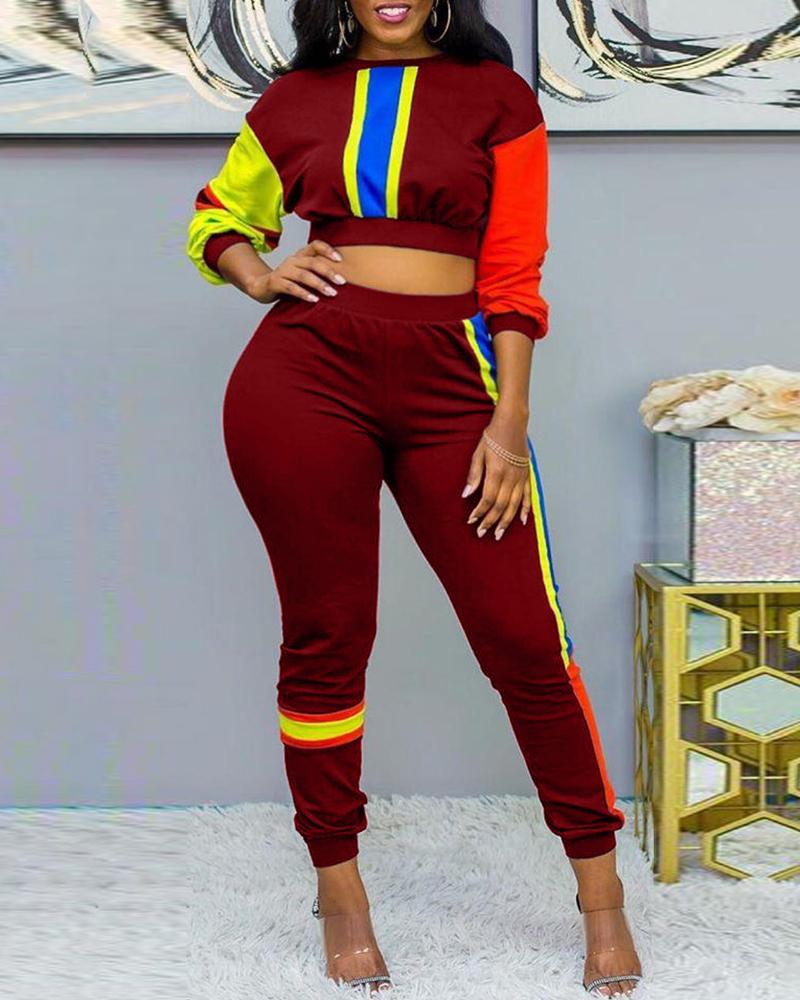 

Striped Colorblock Crop Top & Pant Sets, Wine red