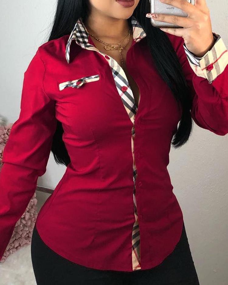 

Plaid Binding Button Up Shirt, Red