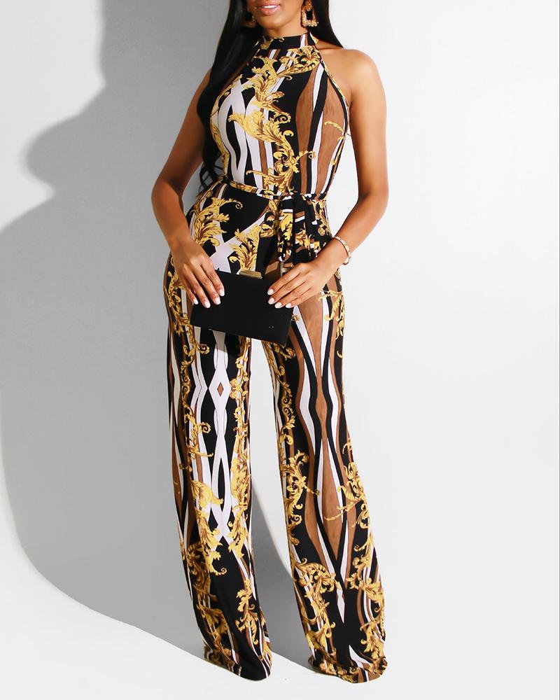 

Retro Print Plunge Sleeveless Jumpsuit, Yellow